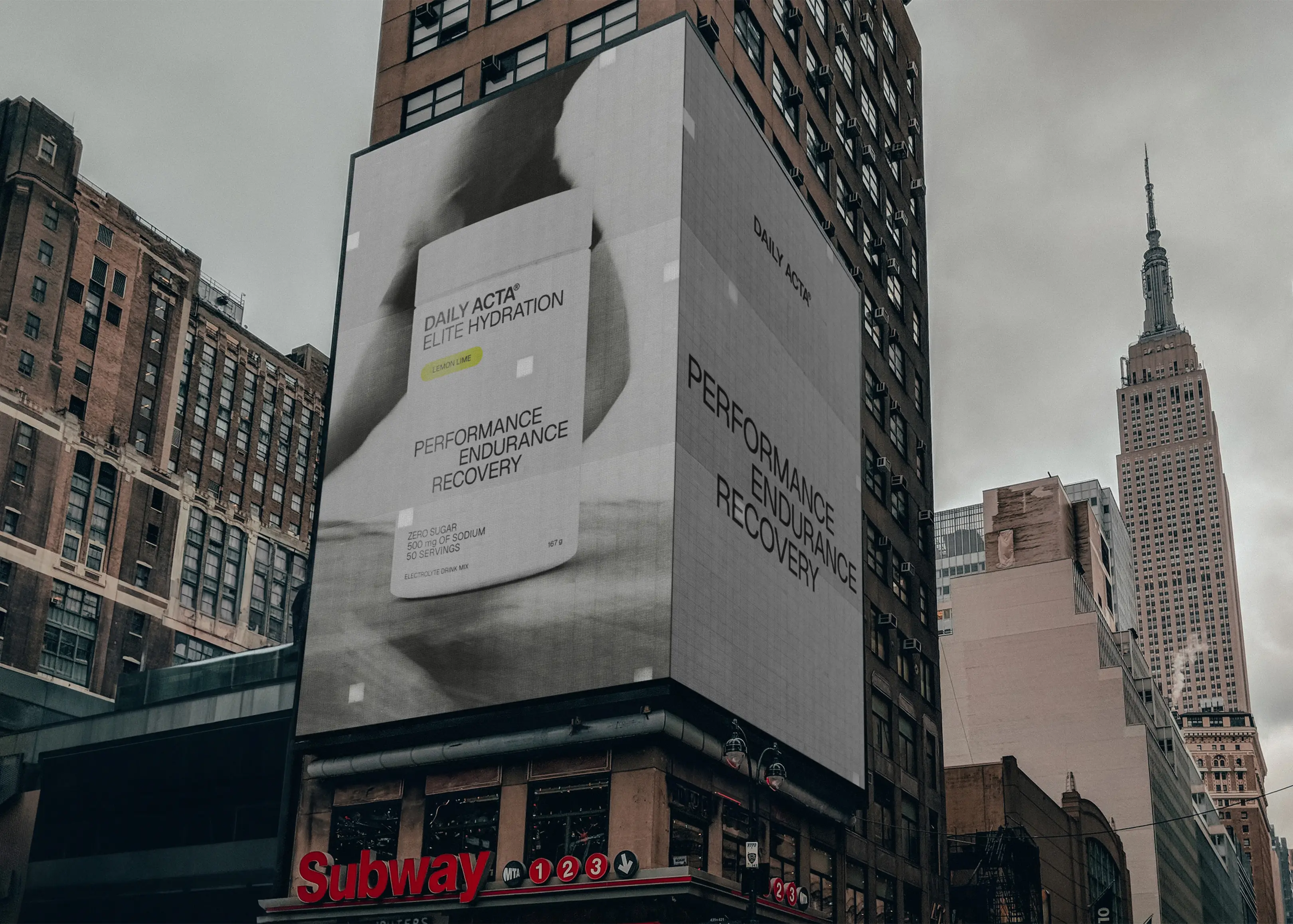 digital billboard outdoors showing container of electrolyte drinnk mix