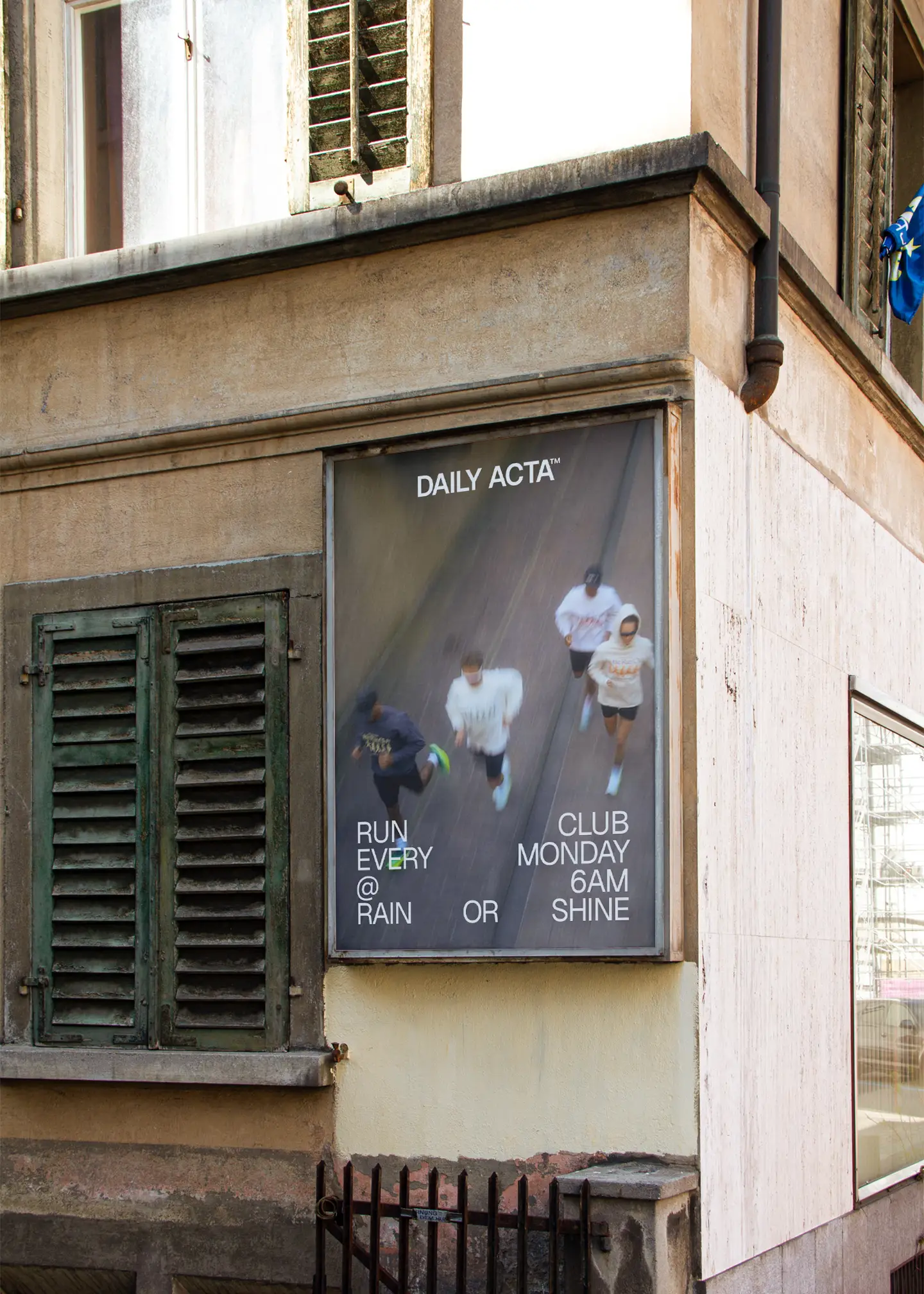 daily acta run club poster outdoors on building corner