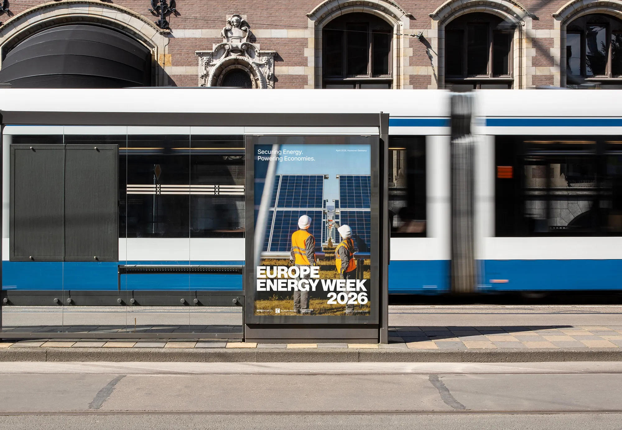 europe energy week ad outside of a tram shelter in amsterdam