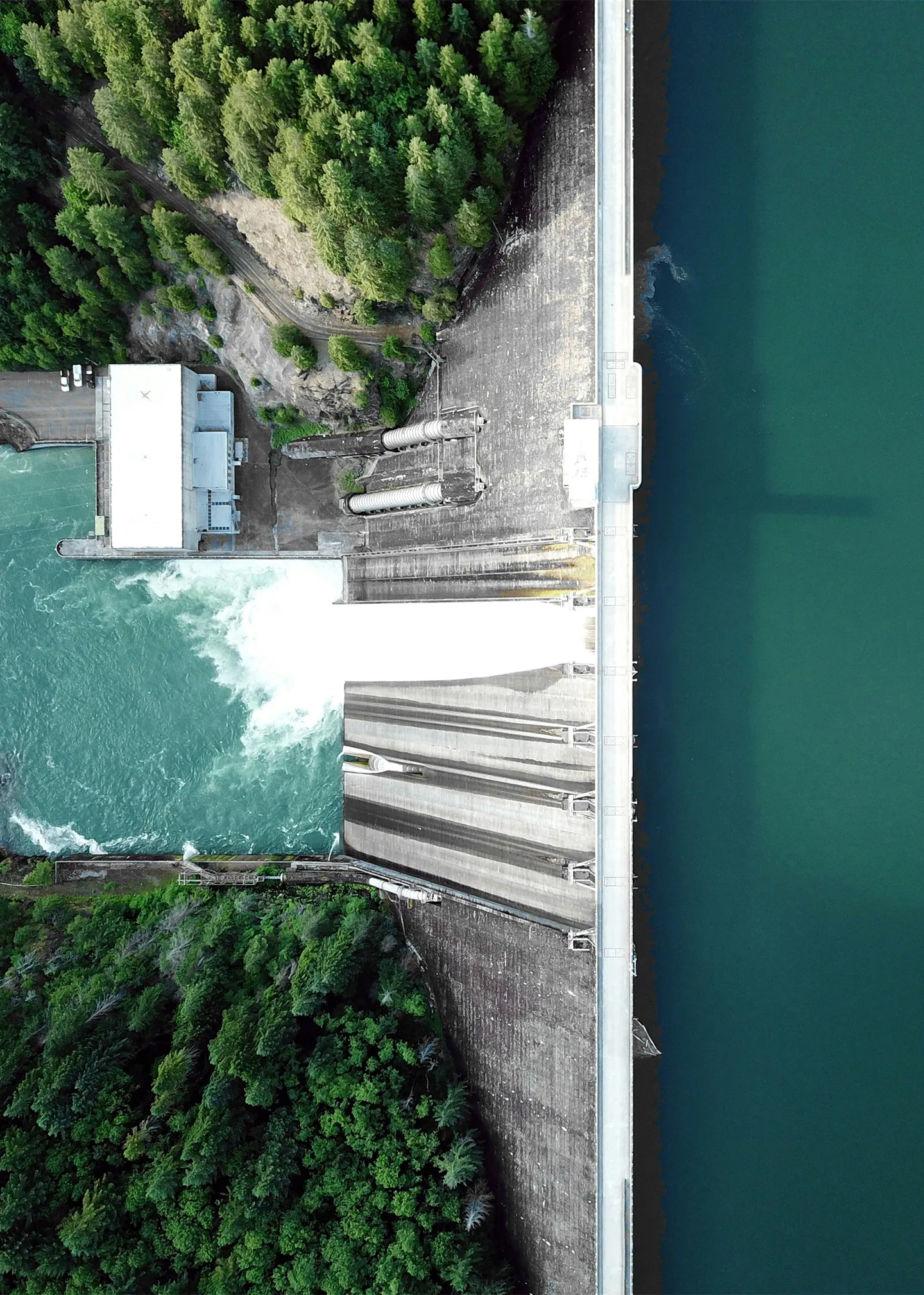aerial shot of large dam showing water and green forest