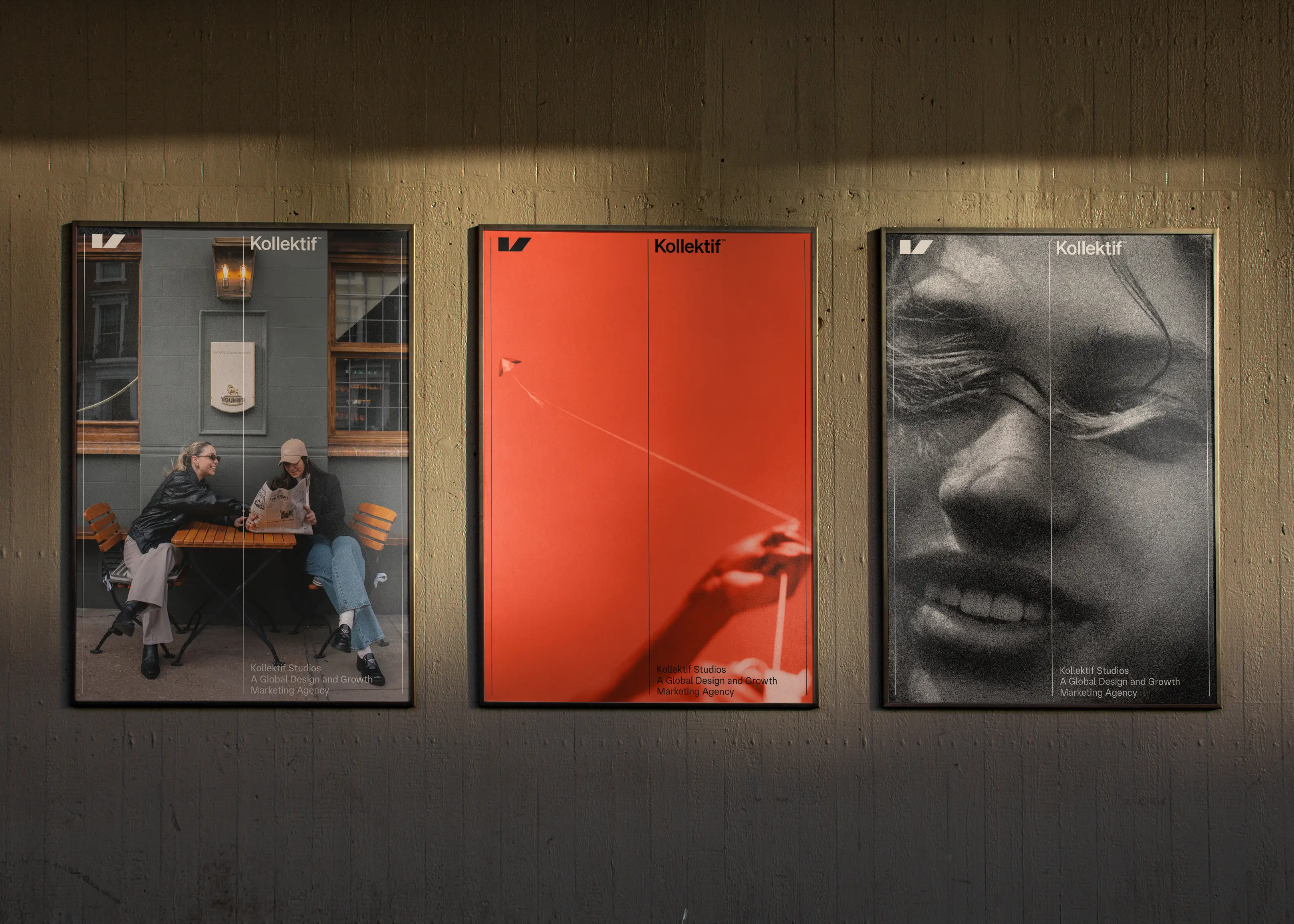three poster outdoors, showcasing kollektif brand and photogtaphy