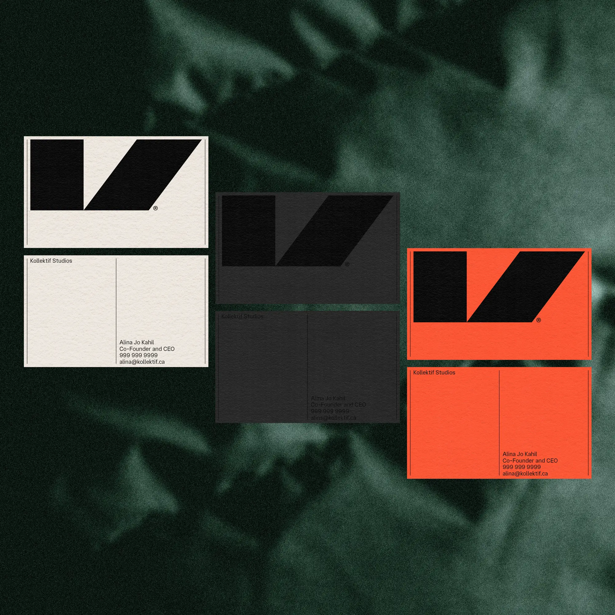  multi colour business cards on a dark green background 