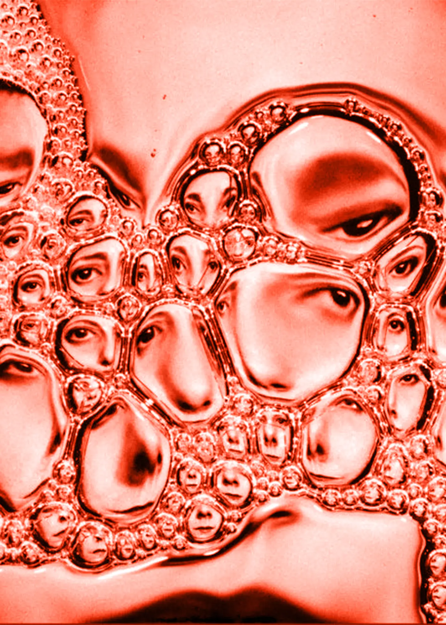 close up photo of woman, liquid is refracting the image of her face, there is an orange overlay on the photo