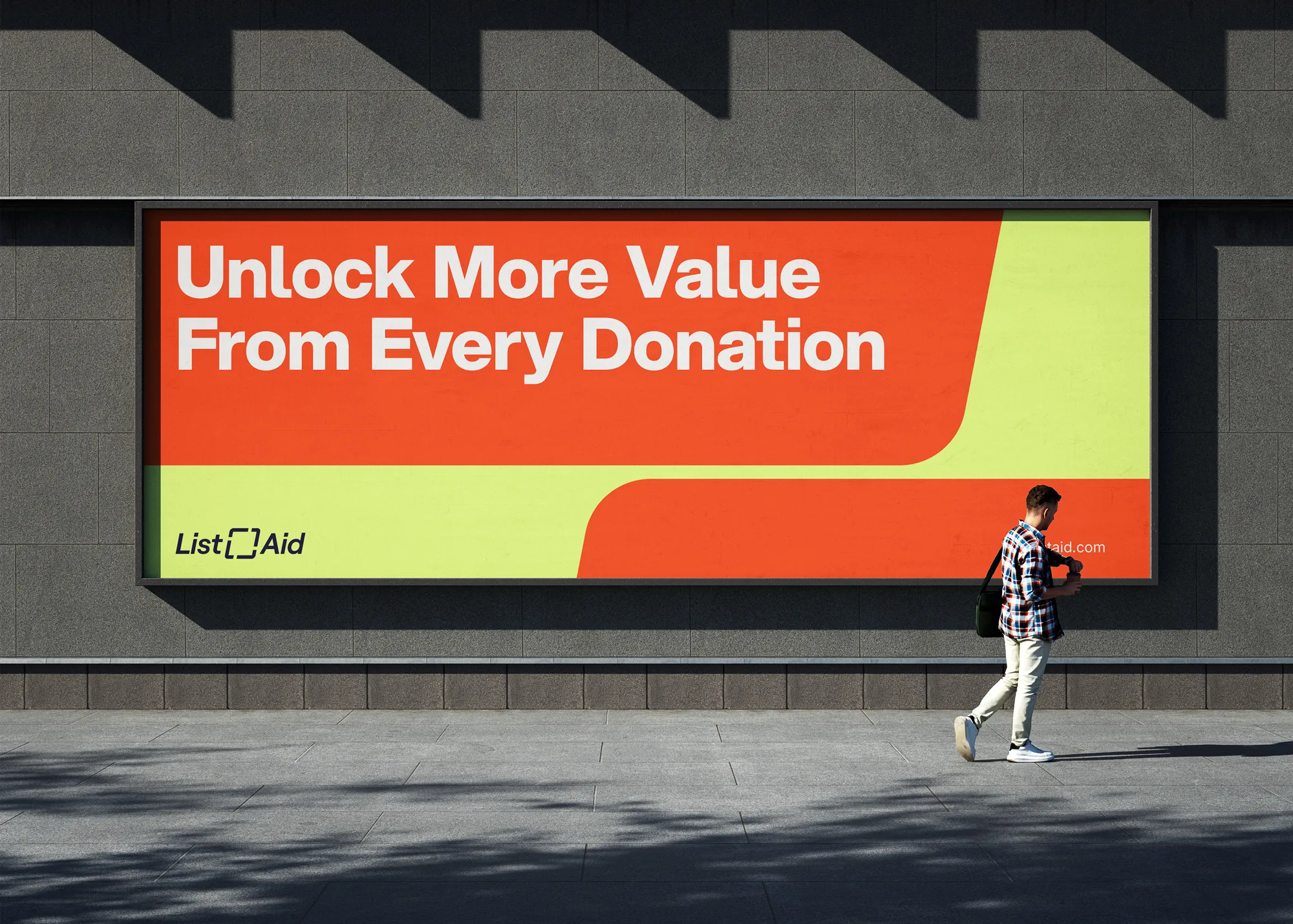 large horizontal listaid ad, on the side of a building.