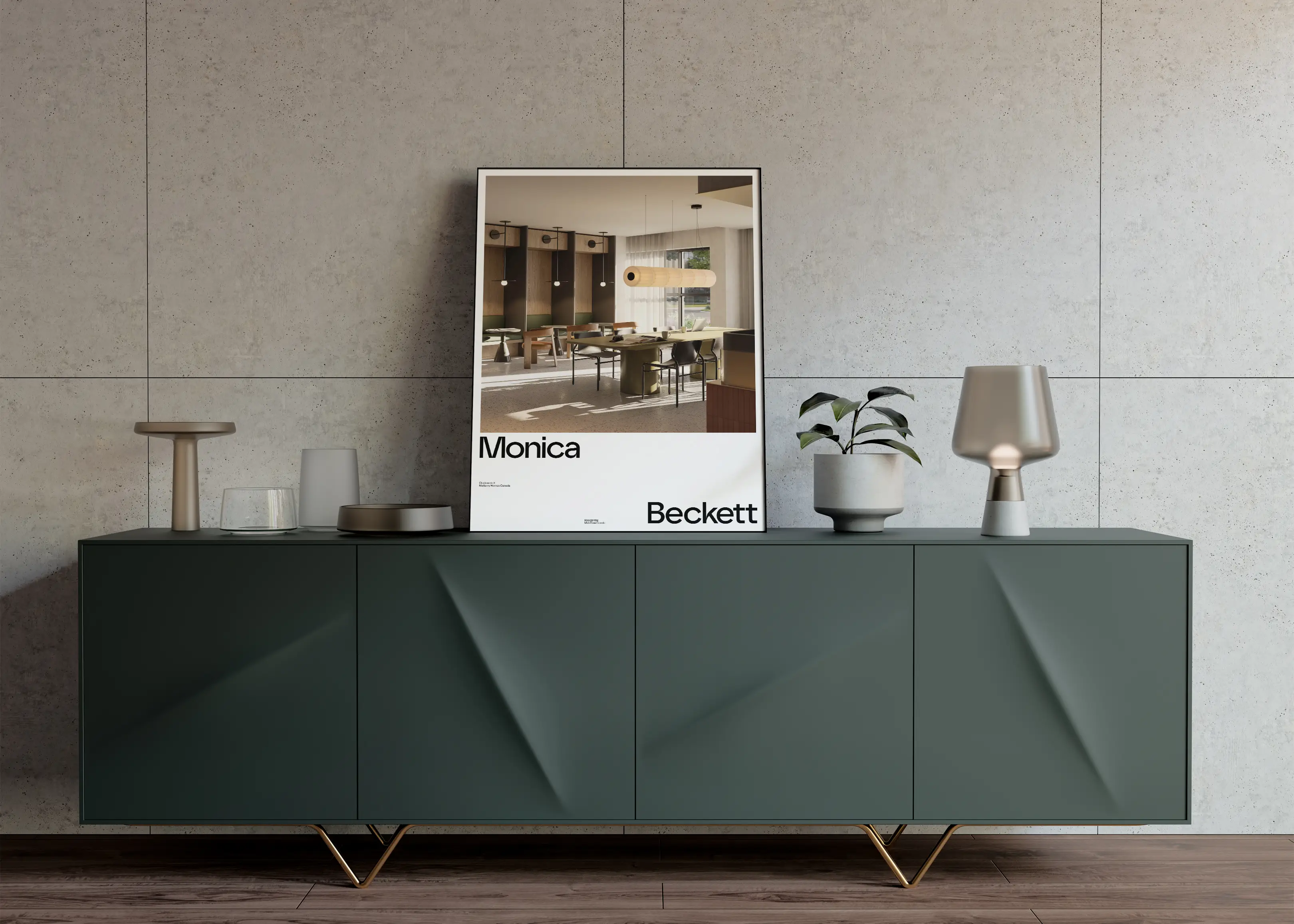 poster in frame on dresser leaning against room wall