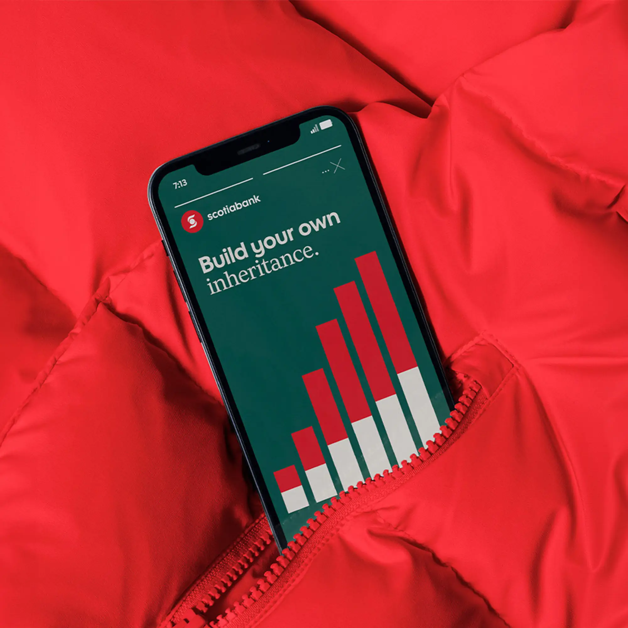  phone in pocket of red coat, shaowing instagram story of bar chart 